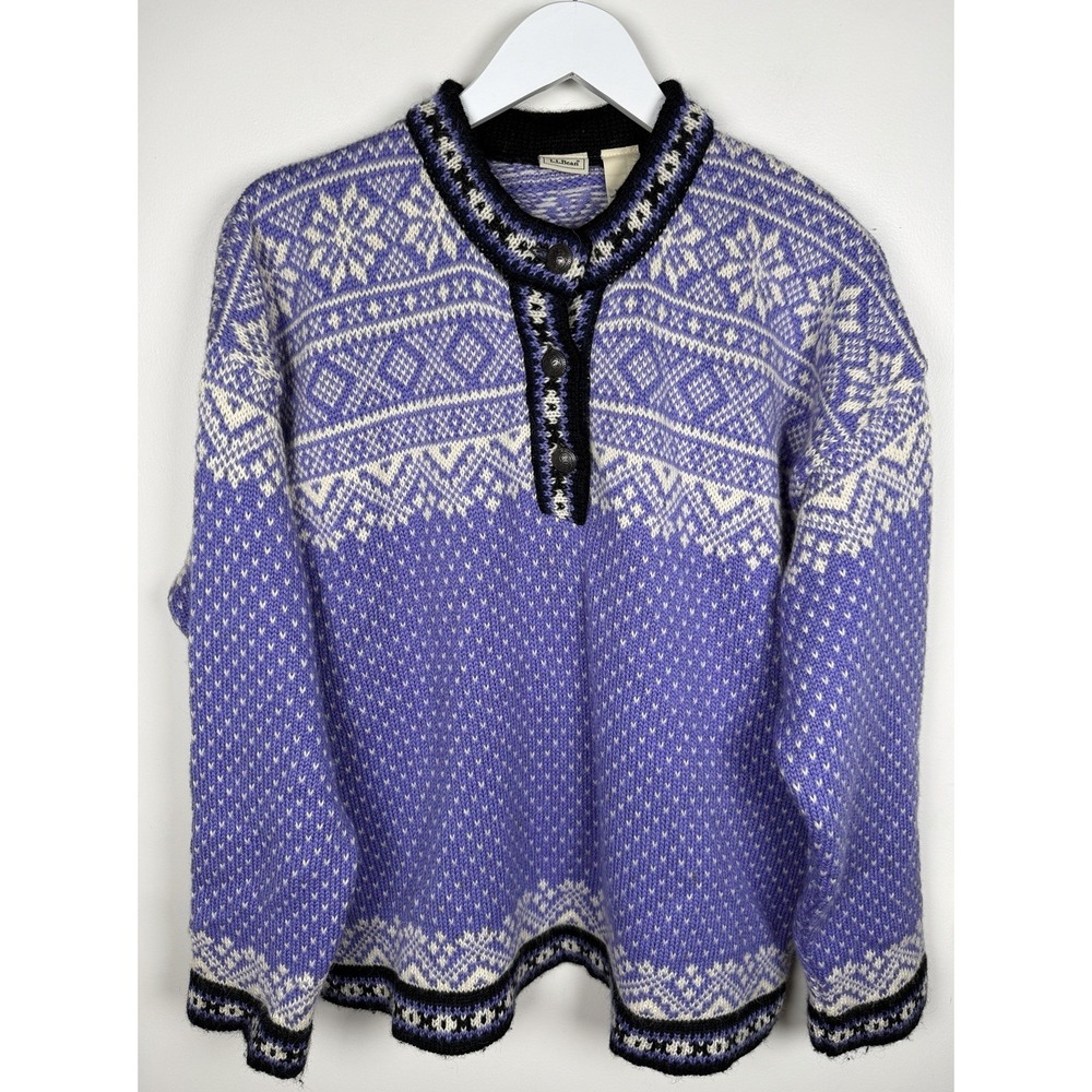 Vtg LL Bean Medium Nordic Hearts & Fair Isle Sweater 100% Merino Wool Button Y2K